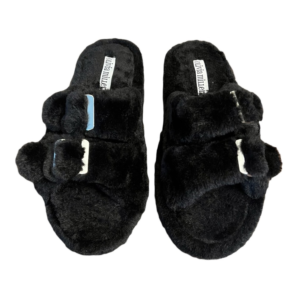 Olivia Miller Black Fuzzy Buckle Sandals